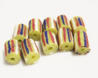 10 Striped Yellow Krobo Beads, Red Blue Yellow Beads, Jewelry Supplies (*AM47*)