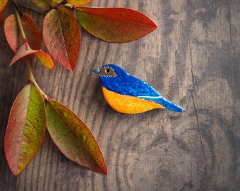 Bluebird brooch, colorful enamelled copper pin, nature inspired bird jewelry, cute bird brooch, autumn gift for her, gift for good luck