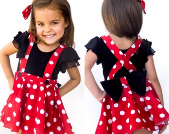 Red Pink polka dots criss cross suspenders circle SKIRT ONLY, Minnie Mouse birthday outfit with a matching hairbow, Baby infant toddler girl