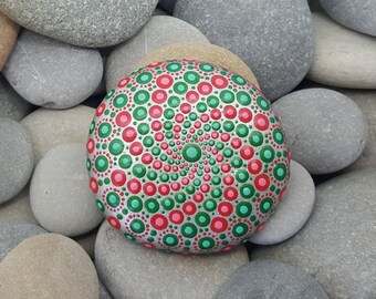 Red & Green Painted Rock - Mandala Stone - Painted Rock - Mandala Rock - Meditation - Zen - Dotilism - Rock Art - Mandala Art