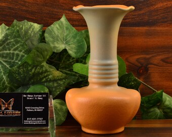 Rumrill Pottery Vase, 1933 Goldenrod Green over Orange Ribbed Vase #370