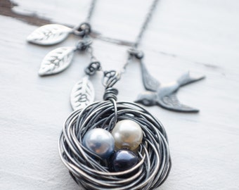 Handcrafted Black Birds Nest Necklace | Customize Number of Eggs and Leaves