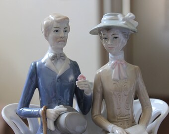 Ceramic Pastels Man and Woman on a Park Bench