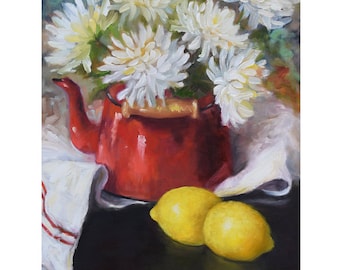 Still Life Wall Art Red Enamelware Teakettle With Yellow Lemons,Original Canvas Oil Painting By Cheri Wollenberg