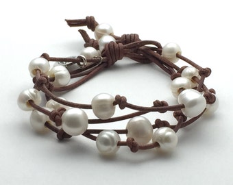 Multistrand Leather Pearl Bracelet. Rustic Brown Leather, White Freshwater Pearls, Lotus Flower Charm Yoga Jewelry