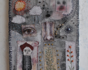 Original Art Mixed Media Textile Collage On Canvas