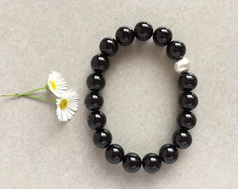 Black Agate Gemstone & Karen Hill Tribe Sterling Silver Beaded Bracelet, Unique Gift
