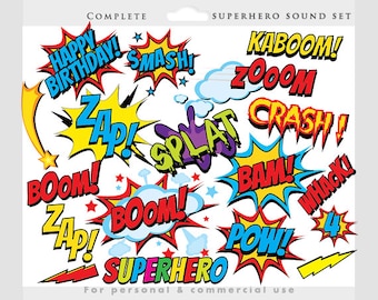 Superhero clipart - comic book clip art, super heroes, cityscape, sounds, sayings, super hero, pow, wham zap for personal and commercial use