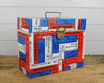 Industrial Red White Blue Metal File Box Storage Container, Portable Handle, Industrial Storage, Vintage Porta File by Ballonoff, Taxes Bill
