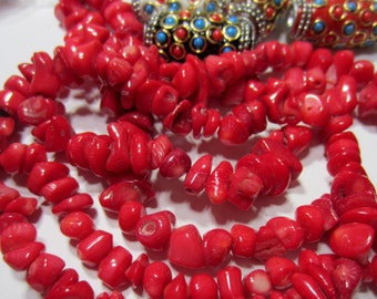 Red coral beads nugget strand bamboo coral chip beads vibrant deep red beads FM-C4