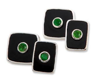 Emeralds Cufflinks On Black Onyx Sterling Silver 925