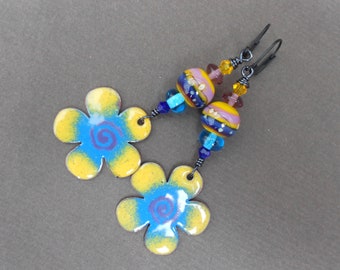 Boho earrings,Spring earrings,Long earrings,Multicolour earrings,Flower earrings,Enamel earrings,Lampwork earrings,OOAK earrings