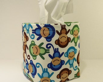 Tissue Holder-Fabric Basket Organizer Bin Storage Container-Urban Zoologie-Monkeys on White with LIme Green Interior
