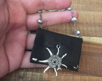 Leather Gift For Her-Black and Silver- Tiny Purse- Women's Accessories-Pouch Necklace-Hipster Bohemian-Valentine's Gift- Sea Creature