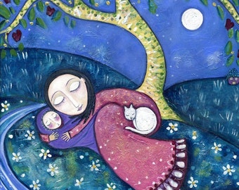 Mother child art baby nursery wall art print whimsical folk art childrens wall picture white cat inspirational - 'Dream By The River'