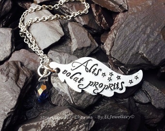Hand Stamped 'Alis Volat Propriis' Angel Wing Necklace, Stamped Jewellery, Stamped Metal Jewelry, Stamped Jewellery,She flies with her wings