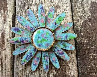 Mod 1960's Confetti Enamel Aqua Spring Flower brooch pin