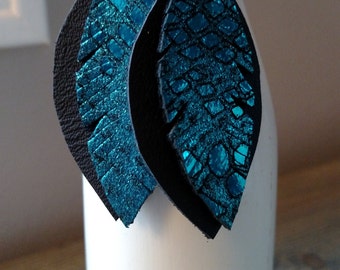 Teal and Black Layered Leather Earrings - Leather Feather Earrings - Metallic Leather Earrings