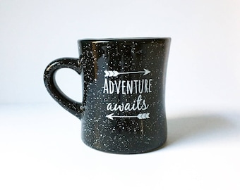 Coffee Mug Camping Mug Stoneware Mug 10 oz Mug Ceramic Mug Adventure Awaits Mug Coffee Cup Campfire Mug Cocoa Cup Black Speckled Mug