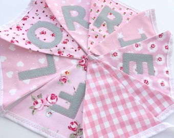 Personalised Name Personalized Name Bunting Banner Grey & Pink White/Pink Floral Stars Spots Strips Hearts Gingham Spots - Priced per flag