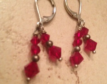 Vintage Earrings Red Crystal Dangle Costume Jewelry