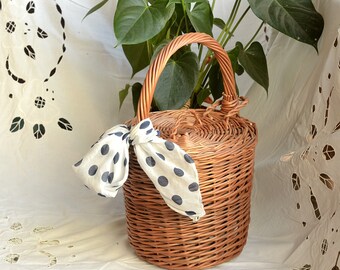 Jane Birkin Style Basket Round Wicker Basket with Lid, Round Willow Basket, Medium Round Basket, Round Lidded Basket Basket Purse Round