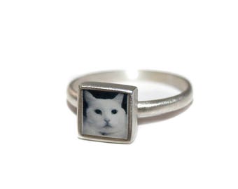 Tiny Silver Square Custom Photo Ring