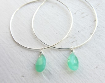 Chrysoprase Gemstone Earrings, Gemini Birthstone Earrings, Gemstone Hoops, Sterling Silver Hoops, May Birthday Gift, Silver Hoops