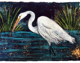 Fishing Egret PRINT matted to fit 11x14 standard frame