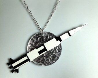 fabulous laser cut perspex Nasa Saturn v rocket and moon necklace