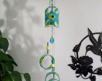 Glass Wind Chime, Recycled wine bottle wind chime, Flowers, Turquoise, Yellow, Sun catcher, yard art, tinted glass, House warming gift