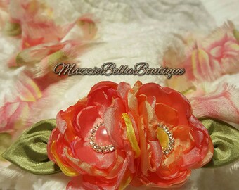 Spring Melody Floral Halo Tieback~Peach~Pink~Coral~Photo Prop~Satin Singed Roses~Wedding~Shabby Chic~Flower Girl~Infant Tieback