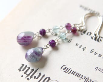 Evening Breeze Earrings - Light Green Purple Fluorite Gemstone Beaded Long Drop Earrings, Sterling Silver Jewellery Handmade by Ikuri