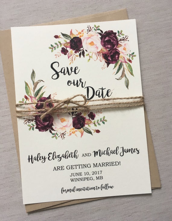 Rustic Marsala Wedding Save the Date Boho Chic Save the date