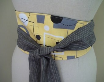 SALE ~ Obi Belt Sash Wrap Belt Black & Yellow Geometric