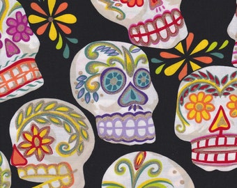 Calaveras, Alexander Henry Fabrics, Sugar Skulls with Gold Metallic Accents on Black