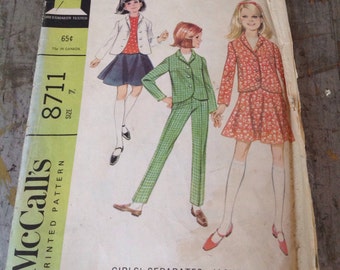 Vintage McCall's Sewing Pattern 8711 Girls' Jacket Skirt Pants Top Size 7