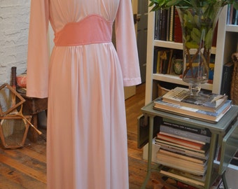 Vintage 1970s Yves Jennet pink maxi dress suede patches XS / S extra small small
