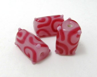 SALE - Set of Three Pink Swirl Triangle Tube Lampwork Bead