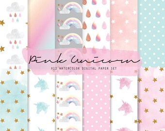 Unicorn seamless paper - Rainbow unicorn paper - Watercolor unicorn - Unicorn digital paper - Unicorn scrapbooking - DIY Unicorn Party decor