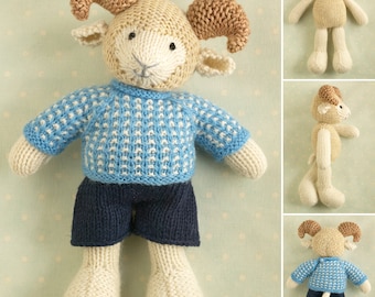 Toy knitting pattern for a boy ram with a nubby sweater and shorts