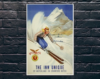 Vintage Skiing Poster, The Inn Unique of Notchland in Crawford Notch Travel Poster, Vintage Travel Poster Print, Sticker and Canvas Print