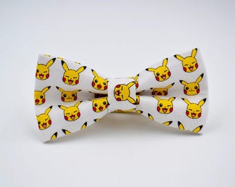 Adult Pikachu Bow Tie in White, Inspired by Pokemon, Pre-Tied Adjustable Bow Tie