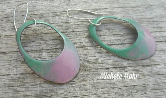Cotton Candy Pink and Mint Large Oval Enamel Copper and Sterling Silver Earrings
