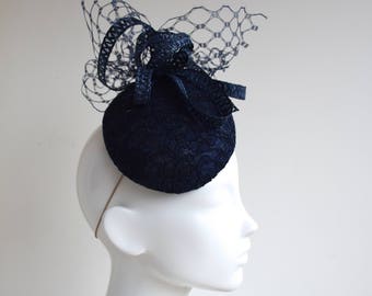 Navy Chantilly Lace Hat - Navy Fascinator- Navy Percher Hat - Navy Cocktail Hat - Navy Blue Wedding Hat - Blue Cheltenham Races Hat - Bella