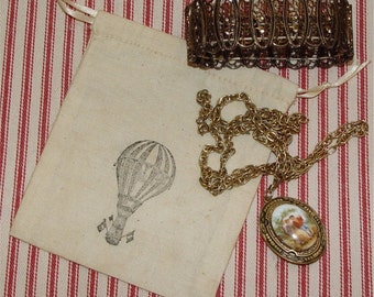party favor bags, jewelry bag, tea dyed, vintage, unbleached muslin, drawstring bag, hot air balloon