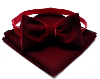 Velvet Bowtie Set , Burgundy velvet bow tie and pocket square , Groom Burgundy Velvet Bowtie , Hipster bow tie , Groomsman velvet bow tie