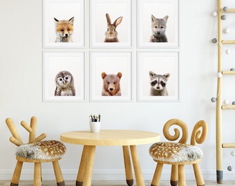 Woodland Nursery Decor, Baby Animals Set 6, Bunny Fox Bear Owl Wolf, Nursery Prints Modern Animal Art, Woodland Animals, Kids Room Printable