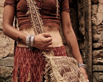 Women Shoulder and backpack Bag made of Linen Raw silk with Native American embroidery Earthy Natural made by Anuttaracrafts