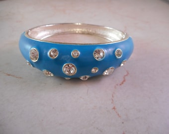 Clamper Bracelet Blue Enamel with Clear Rhinestones